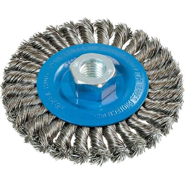 WALTER Surface Technologies - 4-1/2" OD, 5/8-11 Arbor Hole, Knotted Stainless Steel Wheel Brush - 3/8" Face Width, 0.02" Filament Diam, 15,000 RPM - Exact Industrial Supply