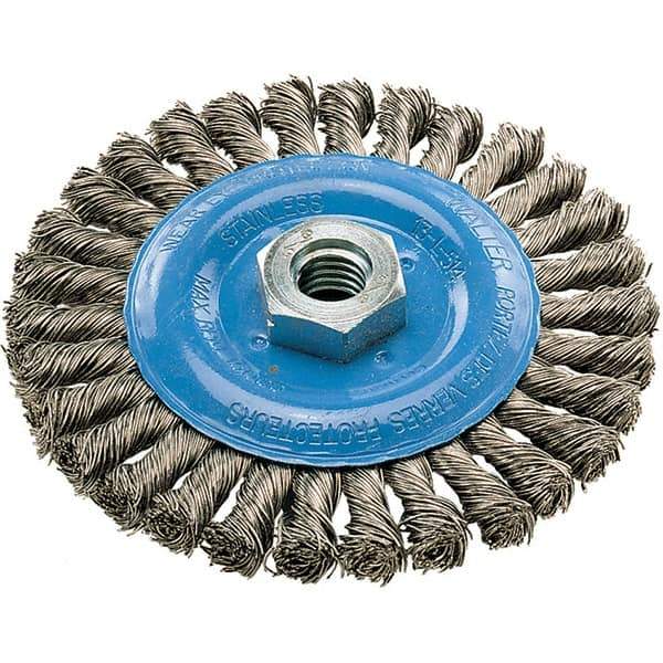WALTER Surface Technologies - 5" OD, 5/8-11 Arbor Hole, Knotted Stainless Steel Wheel Brush - 3/8" Face Width, 0.02" Filament Diam, 15,000 RPM - Exact Industrial Supply