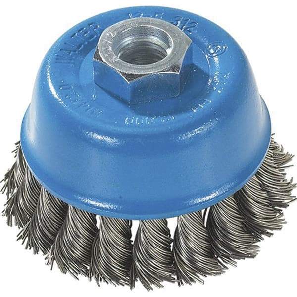 WALTER Surface Technologies - 3" Diam, M10x1.25 Threaded Arbor, Stainless Steel Fill Cup Brush - 0.015 Wire Diam, 12,000 Max RPM - Exact Industrial Supply