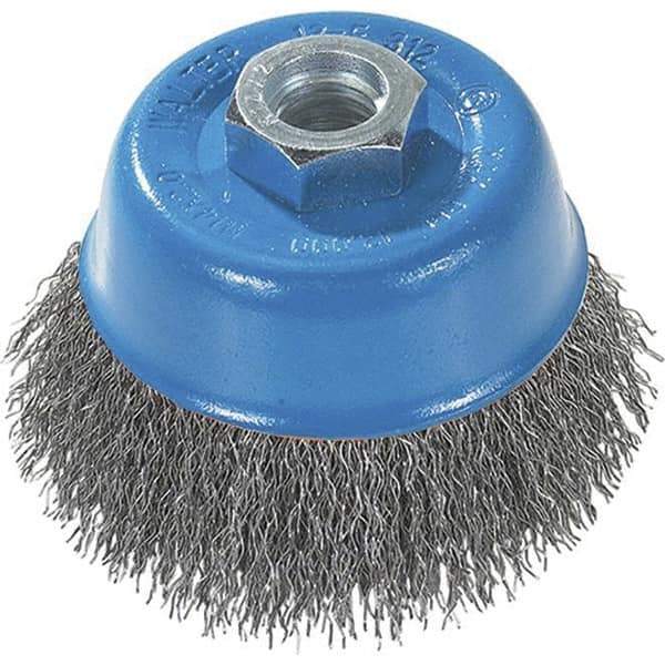 WALTER Surface Technologies - 5" Diam, 5/8-11 Threaded Arbor, Stainless Steel Fill Cup Brush - 0.02 Wire Diam, 8,600 Max RPM - Exact Industrial Supply