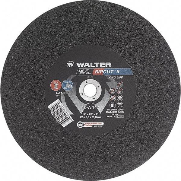WALTER Surface Technologies - 14" 24 Grit Aluminum Oxide Cutoff Wheel - 1/8" Thick, 1" Arbor, 4,400 Max RPM, Use with Stationary Tools - Exact Industrial Supply