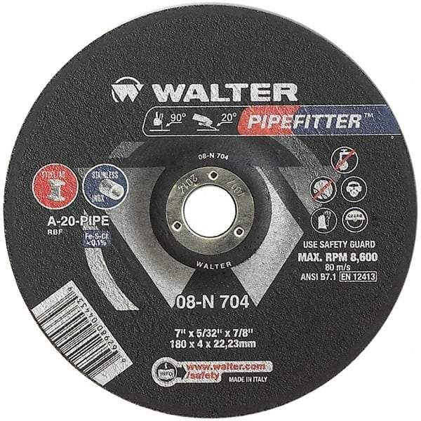 WALTER Surface Technologies - 20 Grit, 7" Wheel Diam, 5/32" Wheel Thickness, 7/8" Arbor Hole, Type 27 Depressed Center Wheel - Aluminum Oxide/Silicon Carbide Blend, Resinoid Bond, 8,600 Max RPM - Exact Industrial Supply