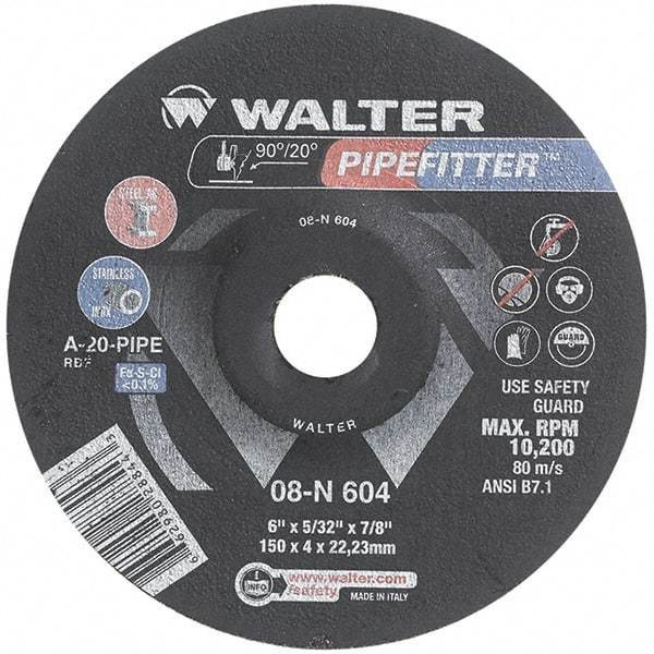 WALTER Surface Technologies - 20 Grit, 6" Wheel Diam, 5/32" Wheel Thickness, 7/8" Arbor Hole, Type 27 Depressed Center Wheel - Aluminum Oxide/Silicon Carbide Blend, Resinoid Bond, 10,200 Max RPM - Exact Industrial Supply