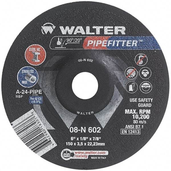 WALTER Surface Technologies - 24 Grit, 6" Wheel Diam, 1/8" Wheel Thickness, 7/8" Arbor Hole, Type 27 Depressed Center Wheel - Aluminum Oxide/Silicon Carbide Blend, Resinoid Bond, 10,200 Max RPM, Compatible with Angle Grinder - Exact Industrial Supply