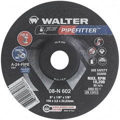 WALTER Surface Technologies - 24 Grit, 6" Wheel Diam, 1/8" Wheel Thickness, 7/8" Arbor Hole, Type 27 Depressed Center Wheel - Aluminum Oxide/Silicon Carbide Blend, Resinoid Bond, 10,200 Max RPM, Compatible with Angle Grinder - Exact Industrial Supply