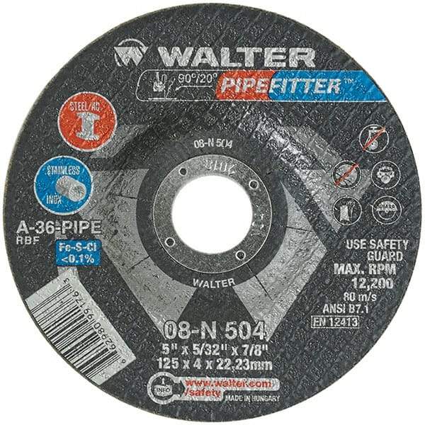 WALTER Surface Technologies - 36 Grit, 5" Wheel Diam, 5/32" Wheel Thickness, 7/8" Arbor Hole, Type 27 Depressed Center Wheel - Aluminum Oxide/Silicon Carbide Blend, Resinoid Bond, 12,200 Max RPM - Exact Industrial Supply