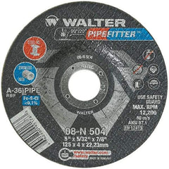 WALTER Surface Technologies - 36 Grit, 5" Wheel Diam, 5/32" Wheel Thickness, 7/8" Arbor Hole, Type 27 Depressed Center Wheel - Aluminum Oxide/Silicon Carbide Blend, Resinoid Bond, 12,200 Max RPM - Exact Industrial Supply