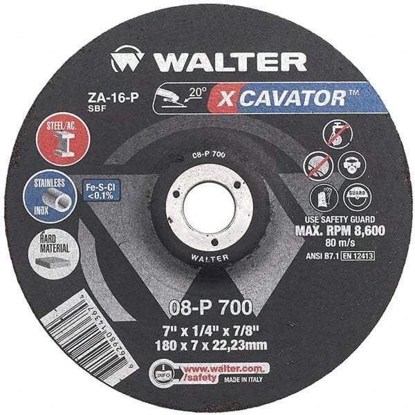 WALTER Surface Technologies - 16 Grit, 9" Wheel Diam, 1/4" Wheel Thickness, Type 27 Depressed Center Wheel - Aluminum Oxide, Resinoid Bond, 6,600 Max RPM - Exact Industrial Supply