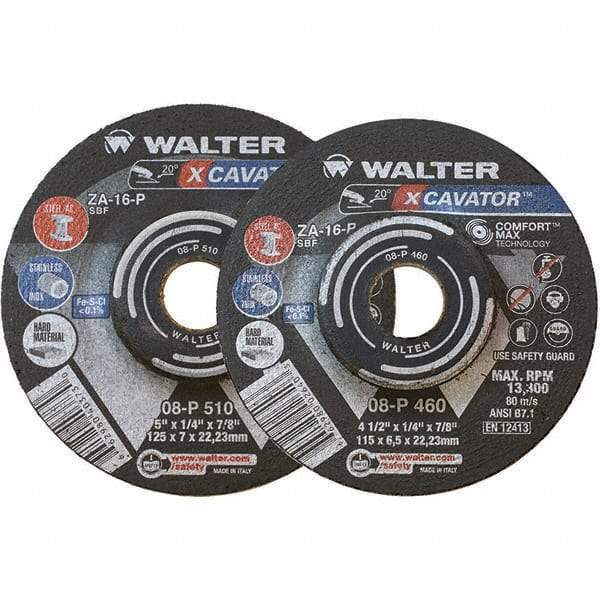 WALTER Surface Technologies - 16 Grit, 9" Wheel Diam, 1/4" Wheel Thickness, 7/8" Arbor Hole, Type 27 Depressed Center Wheel - Aluminum Oxide, Resinoid Bond, 6,600 Max RPM - Exact Industrial Supply