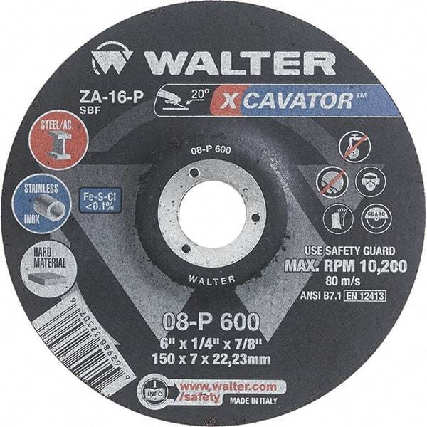 WALTER Surface Technologies - 16 Grit, 6" Wheel Diam, 1/4" Wheel Thickness, 7/8" Arbor Hole, Type 27 Depressed Center Wheel - Aluminum Oxide, Resinoid Bond, 10,200 Max RPM - Exact Industrial Supply
