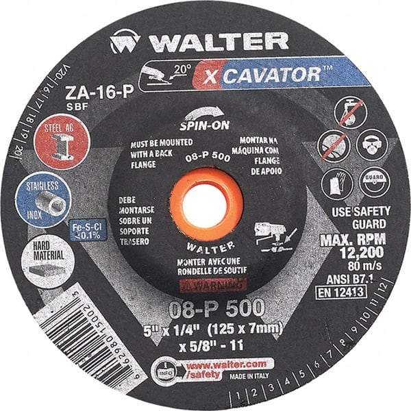 WALTER Surface Technologies - 16 Grit, 5" Wheel Diam, 1/4" Wheel Thickness, Type 27 Depressed Center Wheel - Aluminum Oxide, Resinoid Bond, 12,200 Max RPM - Exact Industrial Supply