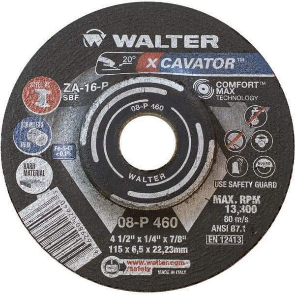 WALTER Surface Technologies - 16 Grit, 4-1/2" Wheel Diam, 1/4" Wheel Thickness, 7/8" Arbor Hole, Type 27 Depressed Center Wheel - Aluminum Oxide, Resinoid Bond, 13,300 Max RPM - Exact Industrial Supply