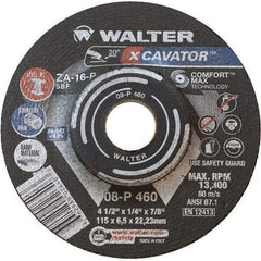 WALTER Surface Technologies - 16 Grit, 4-1/2" Wheel Diam, 1/4" Wheel Thickness, 7/8" Arbor Hole, Type 27 Depressed Center Wheel - Aluminum Oxide, Resinoid Bond, 13,300 Max RPM - Exact Industrial Supply