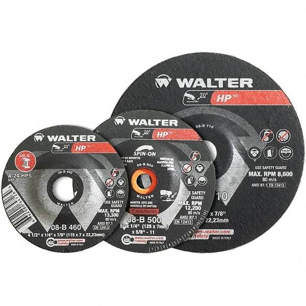 WALTER Surface Technologies - 24 Grit, 9" Wheel Diam, 1/4" Wheel Thickness, Type 28 Depressed Center Wheel - Aluminum Oxide, Resinoid Bond, 6,600 Max RPM - Exact Industrial Supply