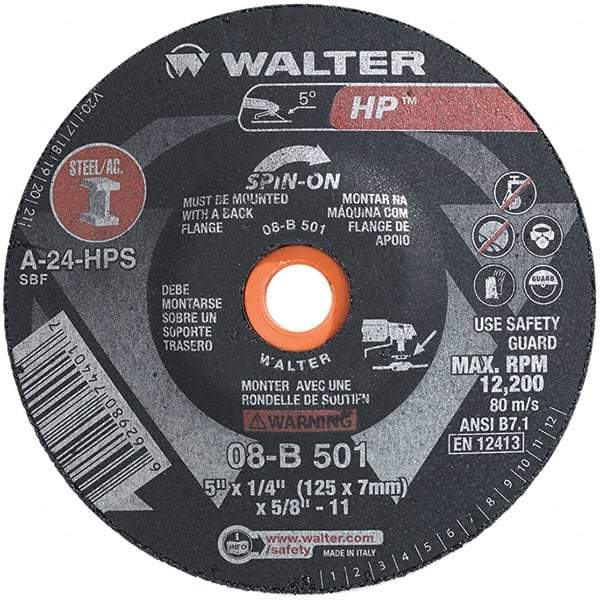 WALTER Surface Technologies - 24 Grit, 5" Wheel Diam, 1/4" Wheel Thickness, Type 28 Depressed Center Wheel - Aluminum Oxide, Resinoid Bond, 12,200 Max RPM - Exact Industrial Supply