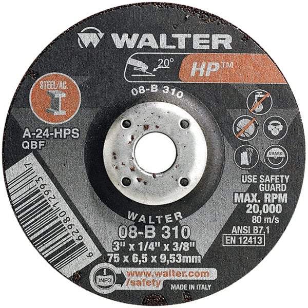 WALTER Surface Technologies - 24 Grit, 3" Wheel Diam, 1/4" Wheel Thickness, 3/8" Arbor Hole, Type 27 Depressed Center Wheel - Aluminum Oxide, Resinoid Bond, 20,000 Max RPM - Exact Industrial Supply