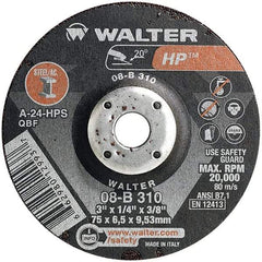 WALTER Surface Technologies - 24 Grit, 3" Wheel Diam, 1/4" Wheel Thickness, 3/8" Arbor Hole, Type 27 Depressed Center Wheel - Aluminum Oxide, Resinoid Bond, 20,000 Max RPM - Exact Industrial Supply