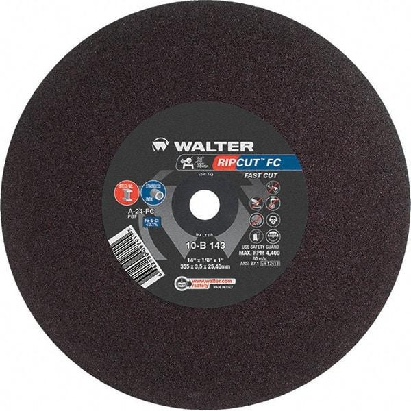 WALTER Surface Technologies - 14" 24 Grit Aluminum Oxide Cutoff Wheel - 1/8" Thick, 1" Arbor, 4,400 Max RPM, Use with Stationary Tools - Exact Industrial Supply