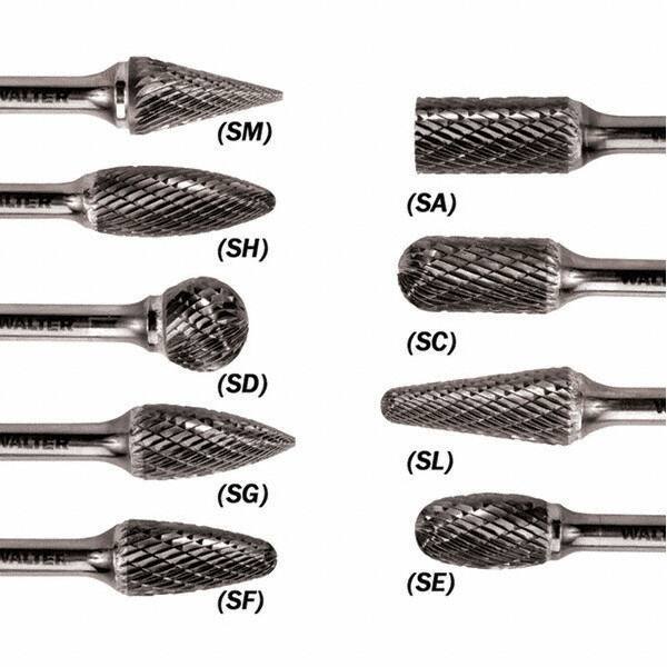 WALTER Surface Technologies - 1/2" Cut Diam, 1/4" Shank Diam, Taper Head Double Cut Burr - Carbide, 1" LOC - Exact Industrial Supply