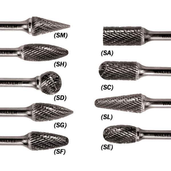 WALTER Surface Technologies - 5/16" Cut Diam, 1/4" Shank Diam, Flame Head Double Cut Burr - Carbide, 3/4" LOC - Exact Industrial Supply