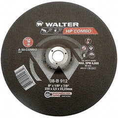 WALTER Surface Technologies - 30 Grit, 9" Wheel Diam, 1/8" Wheel Thickness, 7/8" Arbor Hole, Type 27 Depressed Center Wheel - Aluminum Oxide, Resinoid Bond, 6,600 Max RPM - Exact Industrial Supply