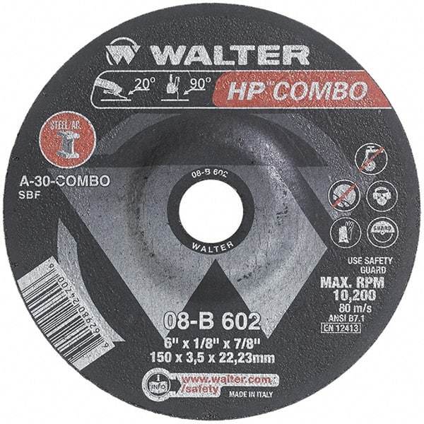 WALTER Surface Technologies - 30 Grit, 6" Wheel Diam, 1/8" Wheel Thickness, 7/8" Arbor Hole, Type 27 Depressed Center Wheel - Aluminum Oxide, Resinoid Bond, 10,200 Max RPM - Exact Industrial Supply