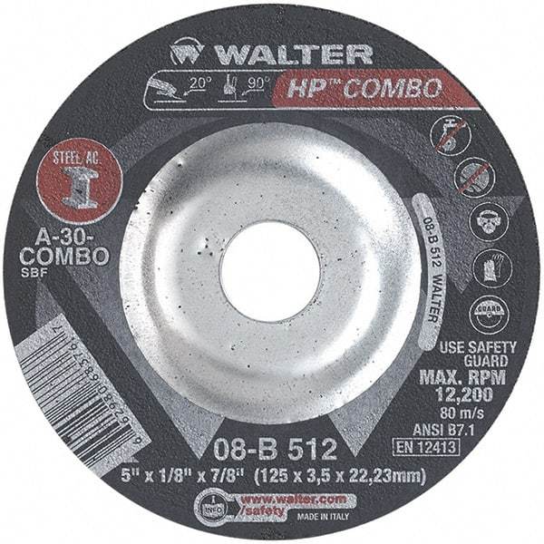 WALTER Surface Technologies - 30 Grit, 5" Wheel Diam, 1/8" Wheel Thickness, 7/8" Arbor Hole, Type 27 Depressed Center Wheel - Aluminum Oxide, Resinoid Bond, 12,200 Max RPM - Exact Industrial Supply