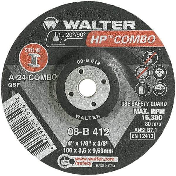 WALTER Surface Technologies - 24 Grit, 4" Wheel Diam, 1/8" Wheel Thickness, 3/8" Arbor Hole, Type 27 Depressed Center Wheel - Aluminum Oxide, Resinoid Bond, 15,000 Max RPM - Exact Industrial Supply