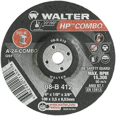 WALTER Surface Technologies - 24 Grit, 4" Wheel Diam, 1/8" Wheel Thickness, 3/8" Arbor Hole, Type 27 Depressed Center Wheel - Aluminum Oxide, Resinoid Bond, 15,000 Max RPM - Exact Industrial Supply
