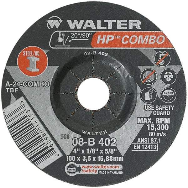 WALTER Surface Technologies - 24 Grit, 4" Wheel Diam, 1/8" Wheel Thickness, 5/8" Arbor Hole, Type 27 Depressed Center Wheel - Aluminum Oxide, Resinoid Bond, 15,000 Max RPM - Exact Industrial Supply