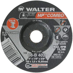 WALTER Surface Technologies - 24 Grit, 4" Wheel Diam, 1/8" Wheel Thickness, 5/8" Arbor Hole, Type 27 Depressed Center Wheel - Aluminum Oxide, Resinoid Bond, 15,000 Max RPM - Exact Industrial Supply