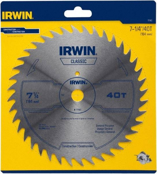 Irwin Blades - 7-1/4" Diam, 5/8" Arbor Hole Diam, 40 Tooth Wet & Dry Cut Saw Blade - High Carbon Steel, Smooth Action, Diamond Arbor - Exact Industrial Supply