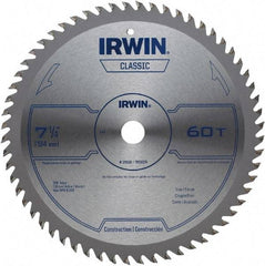 Irwin Blades - 7-1/4" Diam, 5/8" Arbor Hole Diam, 60 Tooth Wet & Dry Cut Saw Blade - Carbide-Tipped, Smooth Action, Diamond Arbor - Exact Industrial Supply