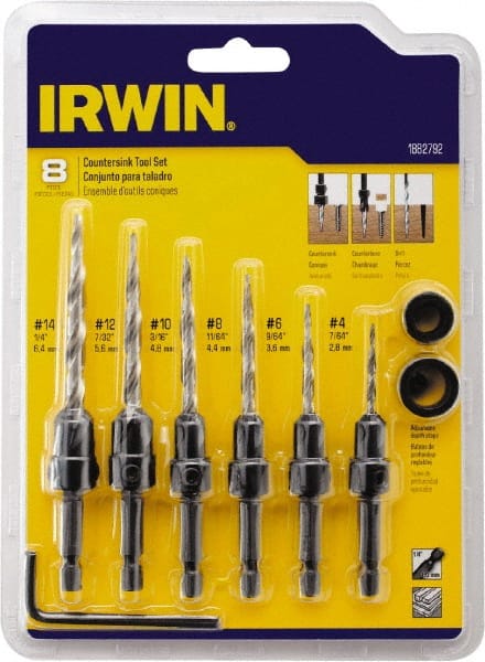 Irwin - 8 Piece, 1/4 to 1/2" Head Diam, Single End Countersink Set - Exact Industrial Supply