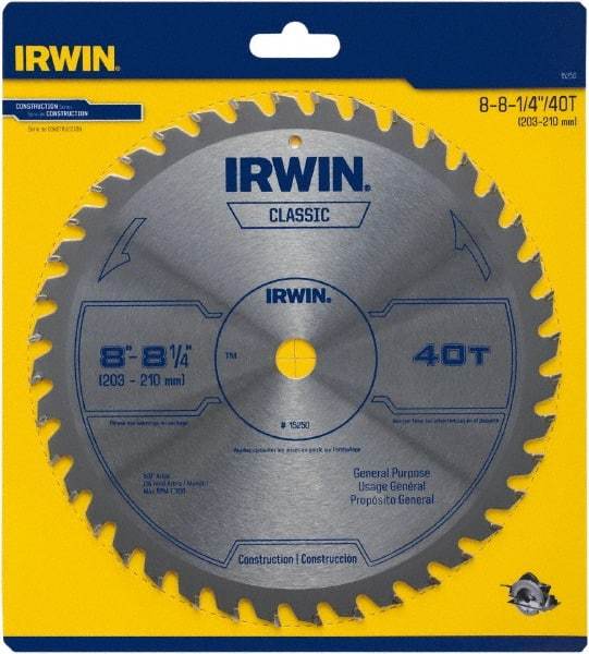 Irwin Blades - 8-1/4" Diam, 5/8" Arbor Hole Diam, 40 Tooth Wet & Dry Cut Saw Blade - Carbide-Tipped, Smooth Action, Diamond Arbor - Exact Industrial Supply