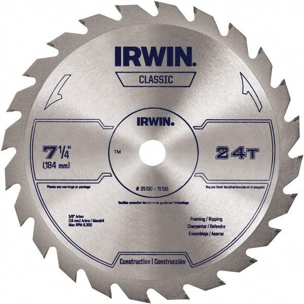 Irwin Blades - 7-1/4" Diam, 5/8" Arbor Hole Diam, 24 Tooth Wet & Dry Cut Saw Blade - Carbide-Tipped, Smooth Action, Diamond Arbor - Exact Industrial Supply