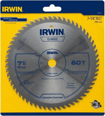 Irwin Blades - 7-1/4" Diam, 5/8" Arbor Hole Diam, 60 Tooth Wet & Dry Cut Saw Blade - Carbide-Tipped, Smooth Action, Diamond Arbor - Exact Industrial Supply