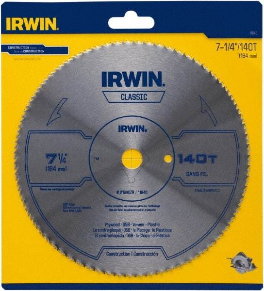 Irwin Blades - 7-1/4" Diam, 5/8" Arbor Hole Diam, 140 Tooth Wet & Dry Cut Saw Blade - High Carbon Steel, Smooth Action, Diamond Arbor - Exact Industrial Supply