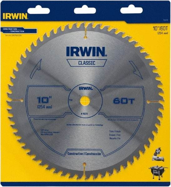 Irwin Blades - 10" Diam, 5/8" Arbor Hole Diam, 60 Tooth Wet & Dry Cut Saw Blade - Carbide-Tipped, Smooth Action, Standard Round Arbor - Exact Industrial Supply