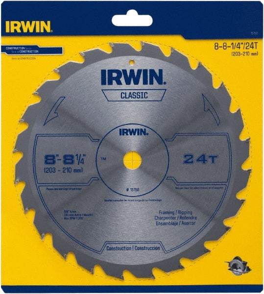 Irwin Blades - 8-1/4" Diam, 5/8" Arbor Hole Diam, 24 Tooth Wet & Dry Cut Saw Blade - Carbide-Tipped, Smooth Action, Diamond Arbor - Exact Industrial Supply