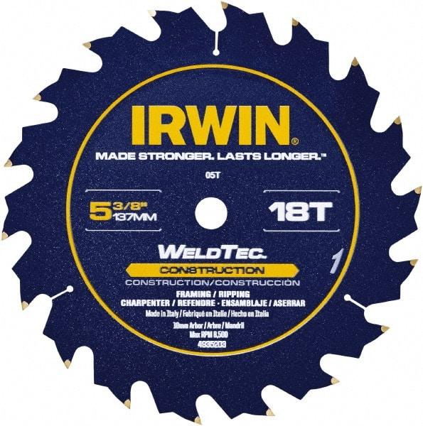 Irwin Blades - 5-3/8" Diam, 10mm Arbor Hole Diam, 18 Tooth Wet & Dry Cut Saw Blade - Carbide-Tipped, Straight Action, Standard Round Arbor - Exact Industrial Supply