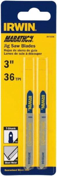 Irwin Blades - 3" Long x 0.039" Thick x 0.295" Wide, 36 Teeth per Inch, Bi-Metal Jig Saw Blade - Toothed Edge, T-Shank, Mill Tooth Set - Exact Industrial Supply