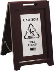 Rubbermaid - Attention/, Caution/, Cuidado/, Wet Floor, 15-1/8" Wide x 22" High, Wood Floor Sign - English/French/Spanish, A-Frame, Black on Silver, For Accident Prevention - Exact Industrial Supply