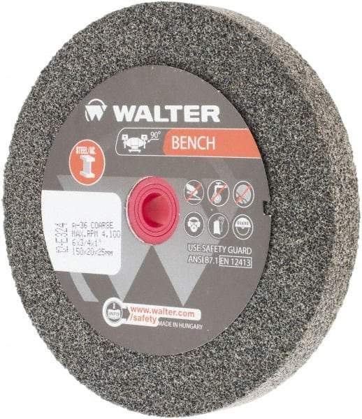 WALTER Surface Technologies - 36 Grit Aluminum Oxide Bench & Pedestal Grinding Wheel - 6" Diam x 1" Hole x 3/4" Thick, 4100 Max RPM, Coarse Grade, Vitrified Bond - Exact Industrial Supply