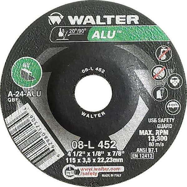 WALTER Surface Technologies - 24 Grit, 4-1/2" Wheel Diam, 1/8" Wheel Thickness, 7/8" Arbor Hole, Type 27 Depressed Center Wheel - Aluminum Oxide, Resinoid Bond, 13,300 Max RPM - Exact Industrial Supply