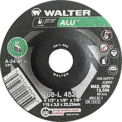 WALTER Surface Technologies - 24 Grit, 4-1/2" Wheel Diam, 1/8" Wheel Thickness, 7/8" Arbor Hole, Type 27 Depressed Center Wheel - Aluminum Oxide, Resinoid Bond, 13,300 Max RPM - Exact Industrial Supply