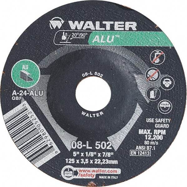 WALTER Surface Technologies - 24 Grit, 5" Wheel Diam, 1/8" Wheel Thickness, 7/8" Arbor Hole, Type 27 Depressed Center Wheel - Aluminum Oxide, Resinoid Bond, 12,200 Max RPM - Exact Industrial Supply