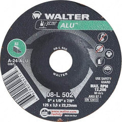 WALTER Surface Technologies - 24 Grit, 5" Wheel Diam, 1/8" Wheel Thickness, 7/8" Arbor Hole, Type 27 Depressed Center Wheel - Aluminum Oxide, Resinoid Bond, 12,200 Max RPM - Exact Industrial Supply