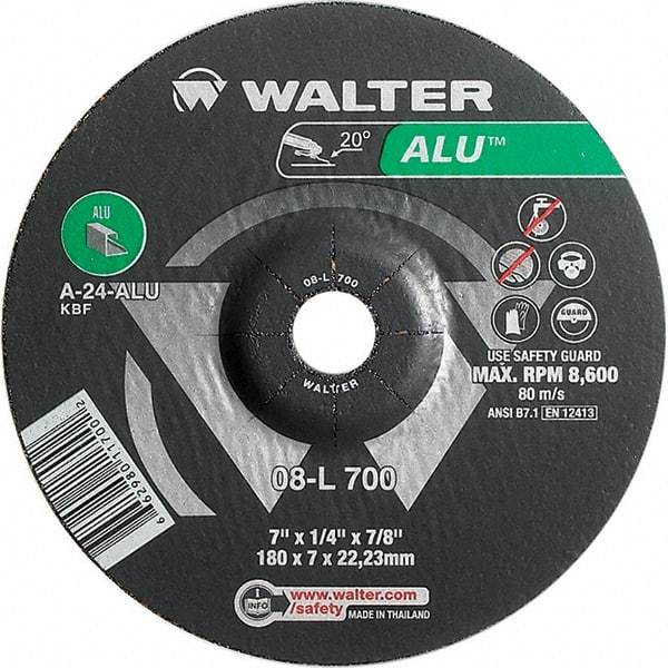 WALTER Surface Technologies - 24 Grit, 7" Wheel Diam, 1/4" Wheel Thickness, 7/8" Arbor Hole, Type 27 Depressed Center Wheel - Aluminum Oxide, Resinoid Bond, 8,600 Max RPM - Exact Industrial Supply