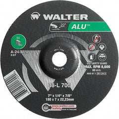 WALTER Surface Technologies - 24 Grit, 7" Wheel Diam, 1/4" Wheel Thickness, 7/8" Arbor Hole, Type 27 Depressed Center Wheel - Aluminum Oxide, Resinoid Bond, 8,600 Max RPM - Exact Industrial Supply